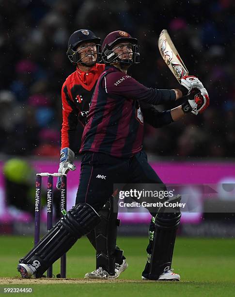 Josh Cobb of Northamptonshire hits out for six runs during the NatWest t20 Blast Final between Northamptonshire and Durham at Edgbaston on August 20,...