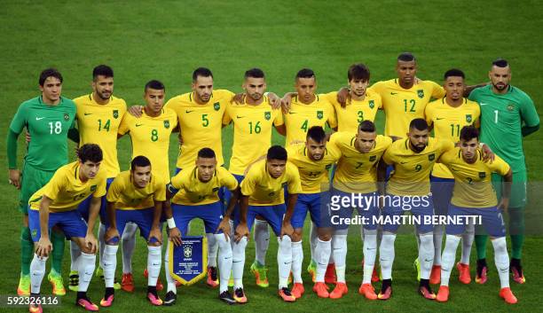 Brazil's goalkeeper Uilson, Brazil's defender Luan Garcia, Brazil's midfielder Rafinha, Brazil's midfielder Renato Augusto, Brazil's midfielder...