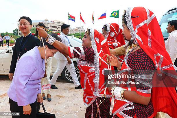 Wen Ma from China being welcomed as she arrive to attend BRICS 2016 Women Parliamentarians Meeting at Rajasthan Assembly in Jaipur , Rajasthan ,...