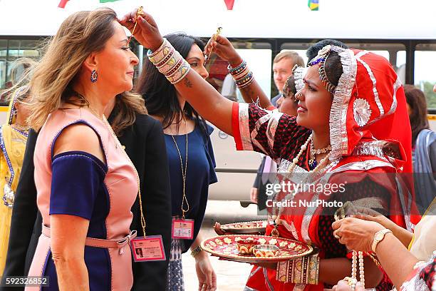 Brazil delegation being welcomed as she arrive to attend BRICS 2016 Women Parliamentarians Meeting at Rajasthan Assembly in Jaipur , Rajasthan ,...