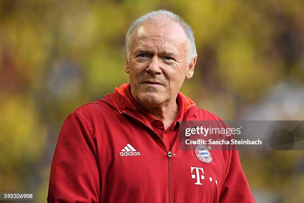 Assistant coach Hermann Gerland of Muenchen looks on during the DFL Supercup 2016 match between Borussia Dortmund and FC Bayern Muenchen at Signal...