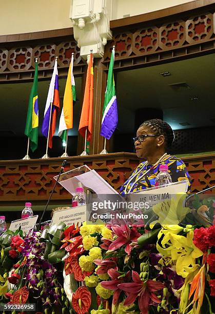 Chairperson of the National Council of Provinces of South Africa TR Modise speaks during Meeting of BRICS Women Parliamentarians Forum' Women...