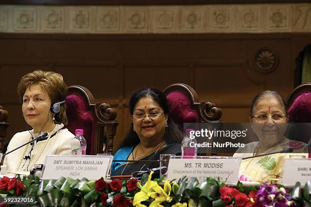 Deputy Chairperson of Council of Russian Federation Galina Karelova , Rajasthan Chief Minister Vasundhara Raje and India's Lok Sabha Speaker Sumitra...