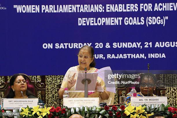 India's Lok Sabha Speaker Sumitra Mahajan addresses during Meeting of BRICS Women Parliamentarians Forum' Women Parliamentarians: Enablers for...