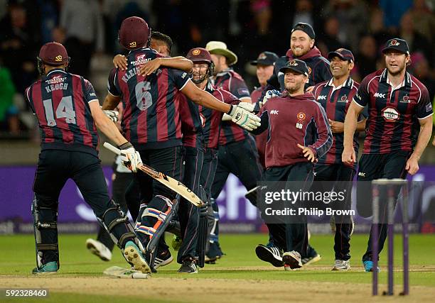Nothamptonshire players celebrate after defeating Durham during the Natwest T20 Blast match between Northamptonshire and Durham at Edgbaston cricket...