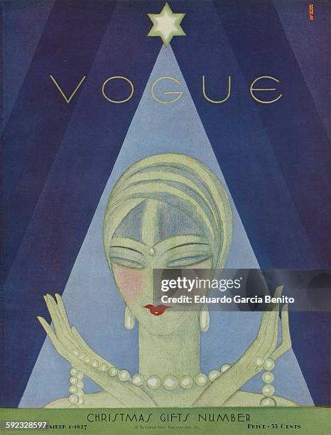 Illustration of Christmas Gifts cover; oriental-stylized head shot of a model wearing a turban headdress with a single pearl hanging between her eye...