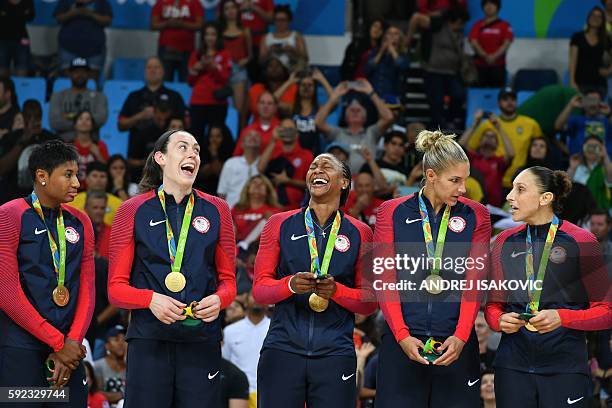 Gold medallists USA's small forward Angel Mccoughtry, USA's power forward Breanna Stewart, USA's forward Tamika Catchings, USA's small forward Elena...