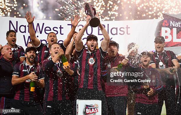 Northamptonshire lift the trophy after winning NatWest t20 Blast Final between Northamptonshire and Durham at Edgbaston on August 20, 2016 in...