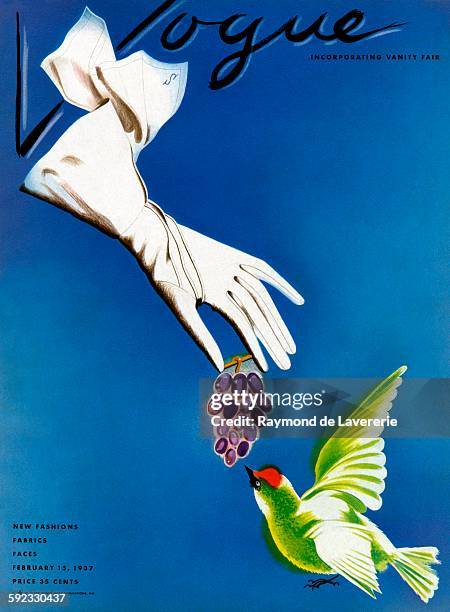 Vogue black logo; Illustration of white glove holding grapes while small bird tries to pluck at them