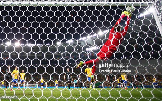 Timo Horn of Germany can't save a free kick from Neymar as Brazil score the first Brazil goal during the Men's Football Final between Brazil and...