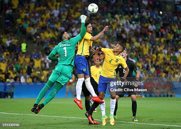 Weverton of Brazil punches clear during the Men's Football Final between Brazil and Germany at the Maracana Stadium on Day 15 of the Rio 2016 Olympic...