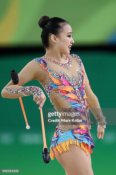 Yeon Jae Son of Korea competes during the Women's Individual All-Around Rhythmic Gymnastics Final on Day 15 of the Rio 2016 Olympic Games at the Rio...