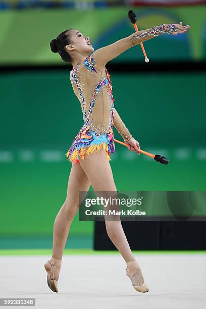 Yeon Jae Son of Korea competes during the Women's Individual All-Around Rhythmic Gymnastics Final on Day 15 of the Rio 2016 Olympic Games at the Rio...