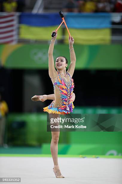 Yeon Jae Son of Korea competes during the Women's Individual All-Around Rhythmic Gymnastics Final on Day 15 of the Rio 2016 Olympic Games at the Rio...