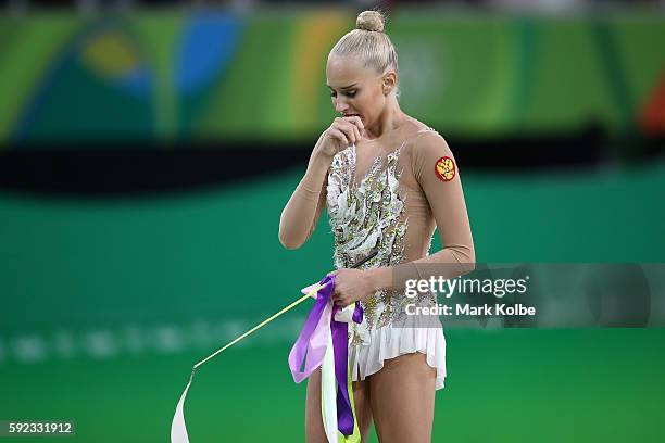 Yana Kudryavtseva of Russia competes during the Women's Individual All-Around Rhythmic Gymnastics Final on Day 15 of the Rio 2016 Olympic Games at...