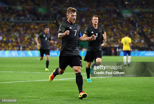 Maximilian Meyer of Germany celebrates scoring during the Men's Football Final between Brazil and Germany at the Maracana Stadium on Day 15 of the...