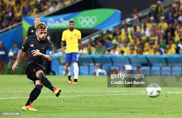 Maximilian Meyer of Germany scores during the Men's Football Final between Brazil and Germany at the Maracana Stadium on Day 15 of the Rio 2016...