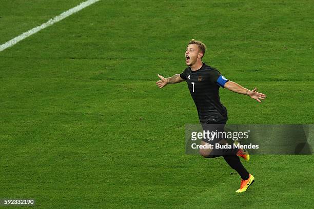 Maximilian Meyer of Germany celebrates scoring during the Men's Football Final between Brazil and Germany at the Maracana Stadium on Day 15 of the...