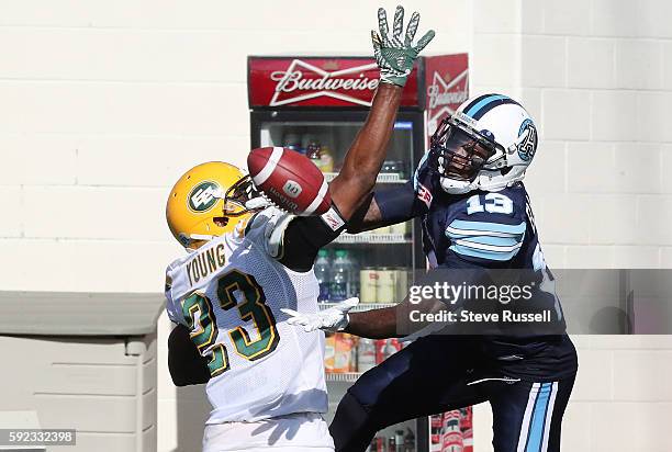 Edmonton Eskimos defensive back Marcell Young interferes withToronto Argonauts wide receiver Kevin Elliott in the end zone. Toronto Argonauts play...