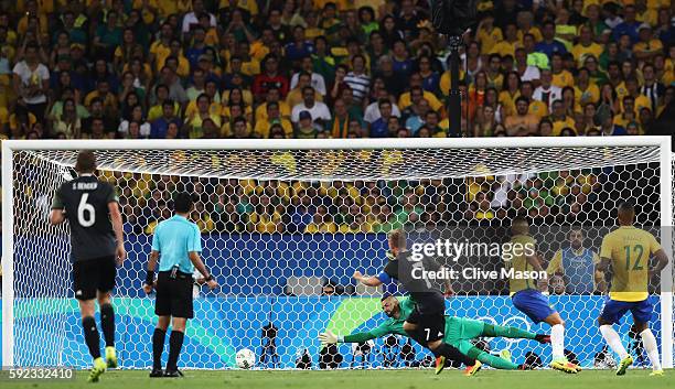 Maximilian Meyer of Germany scores during the Men's Football Final between Brazil and Germany at the Maracana Stadium on Day 15 of the Rio 2016...