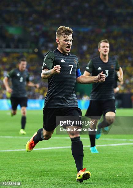 Maximilian Meyer of Germany celebrates scoring during the Men's Football Final between Brazil and Germany at the Maracana Stadium on Day 15 of the...