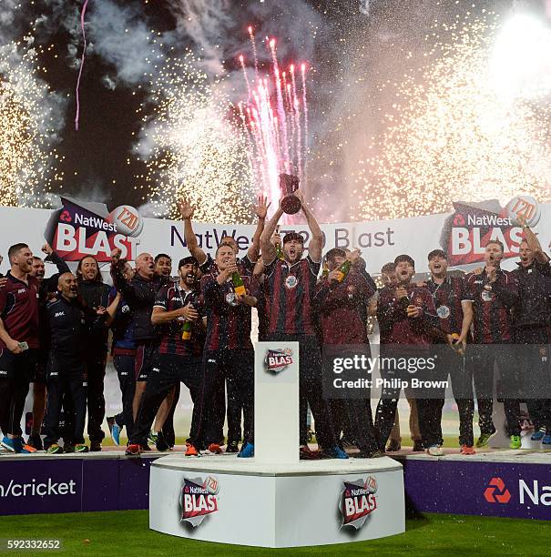 Northamptonshire celebrate after winning the Natwest T20 Blast final between Northamptonshire and Durham at Edgbaston cricket ground on August 20,...