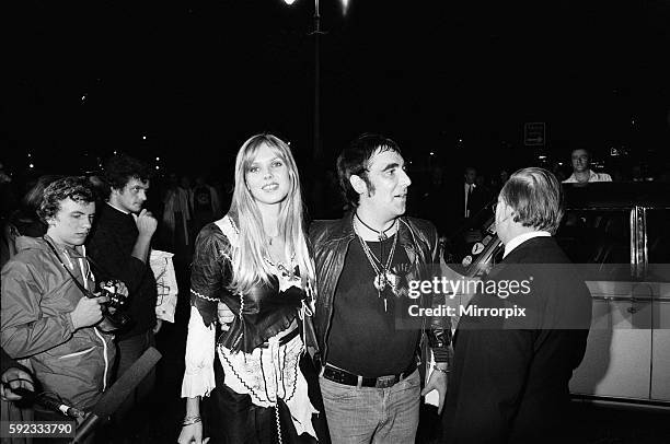 Keith Moon, drummer of the British rock group The Who, attending the premier of the new film "The Buddy Holly Story" in the West End with fiancee...