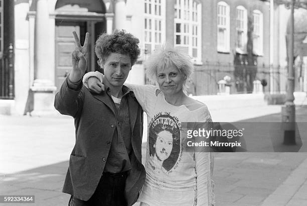 Punk rock group "Sex Pistols" manager Malcolm McLaren and friend designer Viviane Westwood seen here outside Bow Street Magistrate Court, after being...