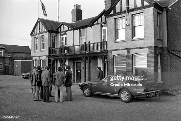 Aston Martin Close. Newport Pagnell after the announcement that the Aston Martin Company was to go into voluntary liquidation. December 1974...