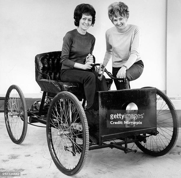Replica Henry Ford Quadricycle being tried out by office girls Joan Milner and Helena Goupillot, 25th March 1971.