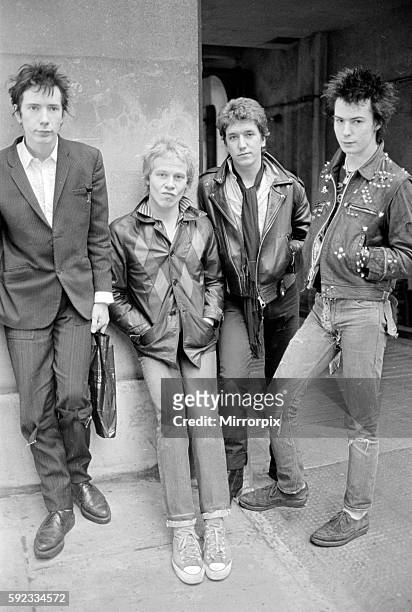 English lead singer, songwriter, and musician John Joseph Lydon, aka Johnny Rotten, drummer Paul Cook, guitarist Steve Jones, and bass guitarist Sid...
