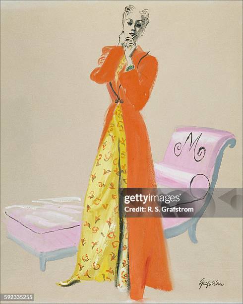 Illustration: Model stands before a lavender pink chaise with the letter M embroidered on the back, wearing yellow wool pajamas printed in red and...
