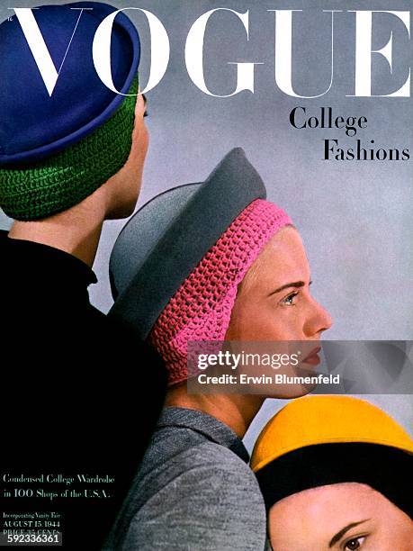 Vogue white logo; Three models wearing hats with crocheted skull caps by Sally Victor for Leighton - COLLEGE FASHION ISSUE
