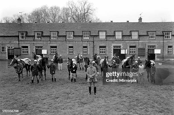 "All the Queens Horses". At West Ilsley, Berks trainer Major W. R. Hern stands in front of the 13 horses for the Queen. Left to right: Back row Star...