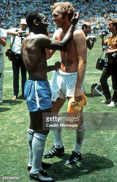 Pele of Brazil and Bobby Moore of England exchange shirts after the World Cup Group C game at the Estadio Jalisco in Guadalajara, Mexico 7 Jun 1970...