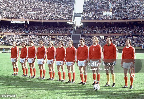 West Germany 0 v Poland 0. The Polish team line up before the match. Left to right: Grzegorz Lato, Bohdan Masztaler, Adam Nawalka, Henryk Maculewicz,...
