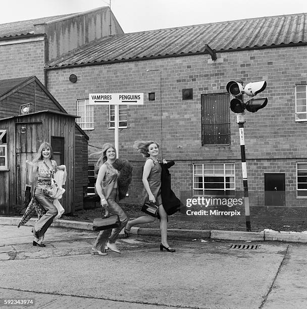 Madeline Smith, Janet Key and Pippa Steel photographed running past a signpost on their way to filming their next movie Forbush and the Penguins at...