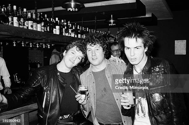 English guitarist Steve Jones and bass guitarist Sid Vicious, born John Simon Ritchie, members of punk group the Sex Pistols, on tour in Eindhoven,...