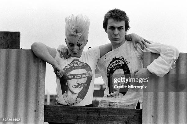 Clothing from the Seditionaries boutique on King's Road, London, 18th May 1977. Pamela Rooke , aka Jordan, and Simon Barker, aka Six, are modelling...