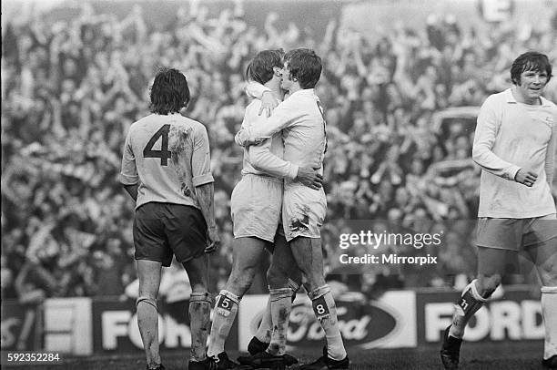 Leeds United 2 v Tottenham Hotspur 1. Leeds' Jack Charlton celebrates a goal with teammate Allan Clarke. 18th March 1972.