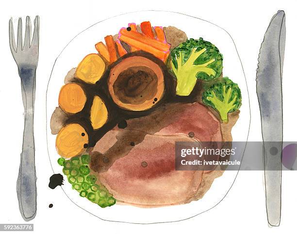 illustration of painted sunday roast beef dinner - yorkshire pudding stock illustrations