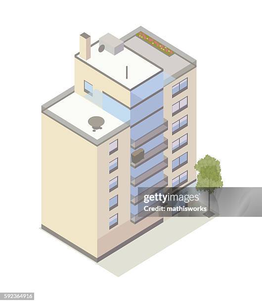 small hotel isometric illustration - small apartment building exterior stock illustrations