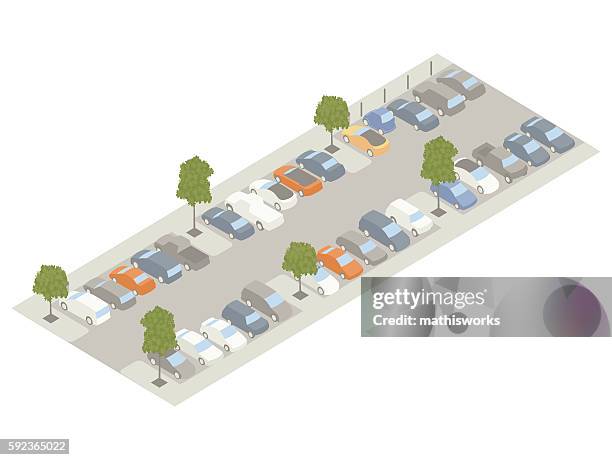 stockillustraties, clipart, cartoons en iconen met parking lot with trees isometric illustration - parkeerterrein