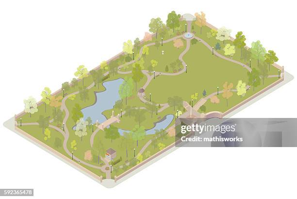 isometric city park illustration - isometric town stock illustrations