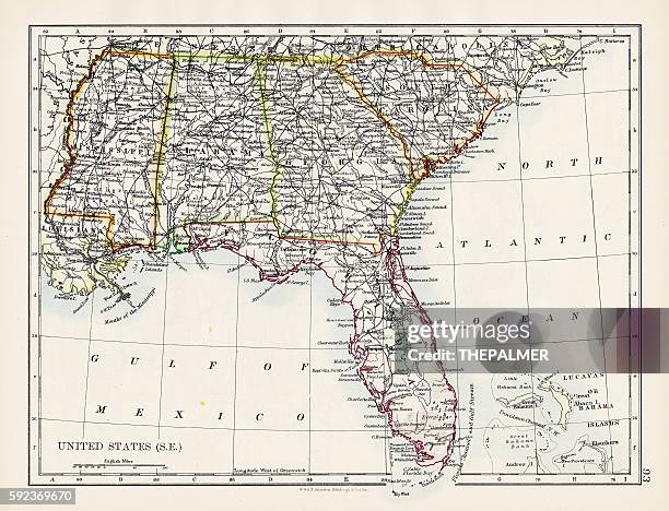 karte der vereinigten staaten südost 1897 - east carolina v florida stock-grafiken, -clipart, -cartoons und -symbole