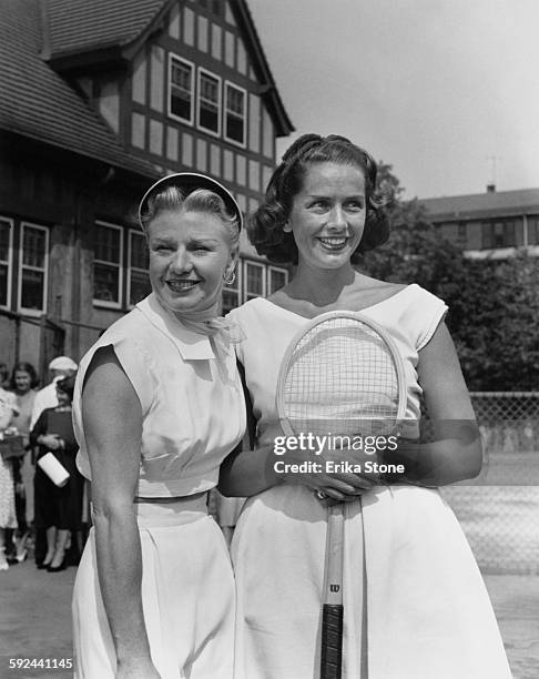 American actress and dancer Ginger Rogers with actress, swimmer and tennis star Jinx Falkenberg in Forest Hills, USA, circa 1950.