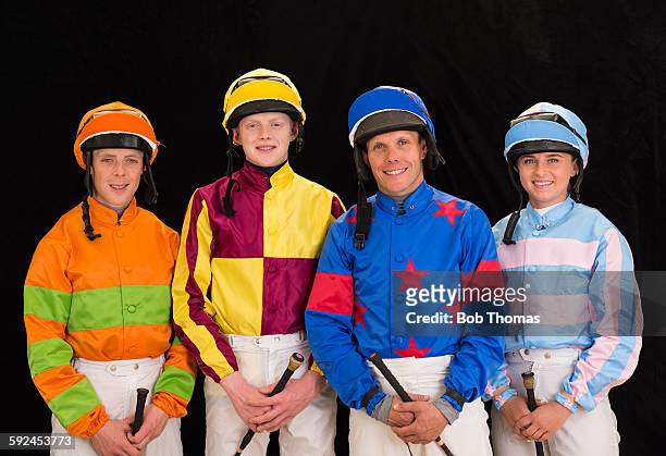 group of male and female jockeys - jockey foto e immagini stock