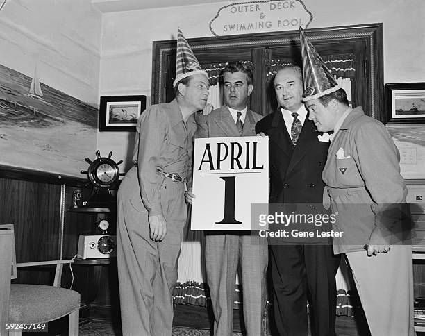 American comedians Bud Abbott and Lou Costello on April Fool's Day, early 1950s.