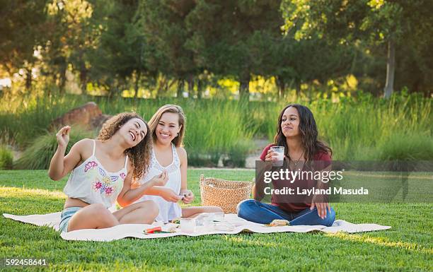 best friends picnic - teen girls - laughing teen stockfoto's en -beelden