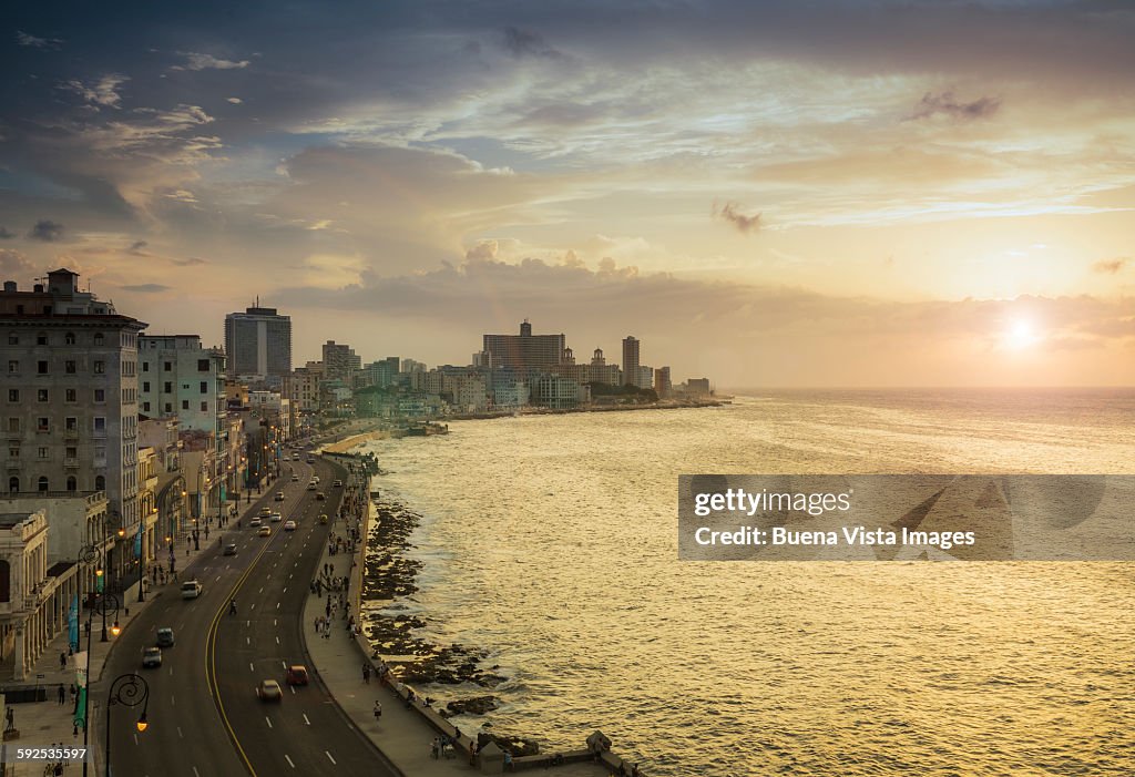 Havana. View of El Malecon at sunset